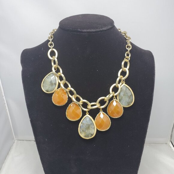 Bijou gold chain with teardrop stones orange and translucent blue - Picture 3 of 8
